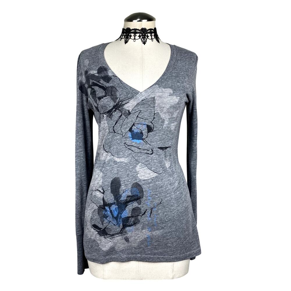 Vtg Y2K American Eagle Outfitters Gray Floral V-Neck Sweater Grunge Boho Cottage